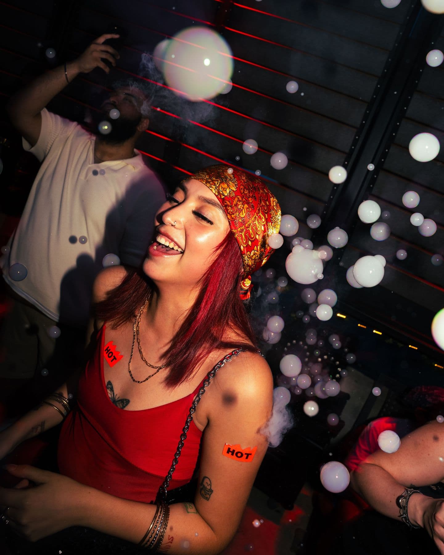 A Groover laughing in a cloud of bubbles